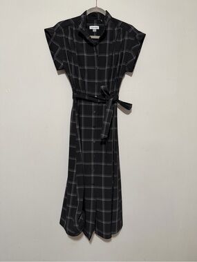 Calvin Klein Black Plaid Midi Shirt Dress with Waist Tie